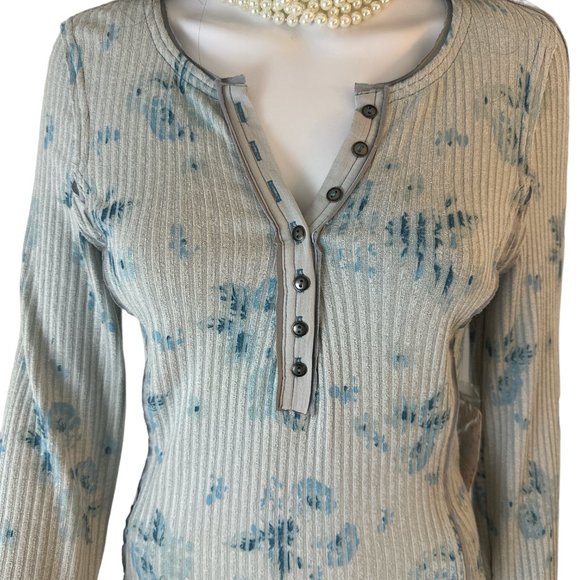 NWT Free People Grey Floral Ribbed Henley Long Bell Sleeve Boho Top S - Picture 3 of 9